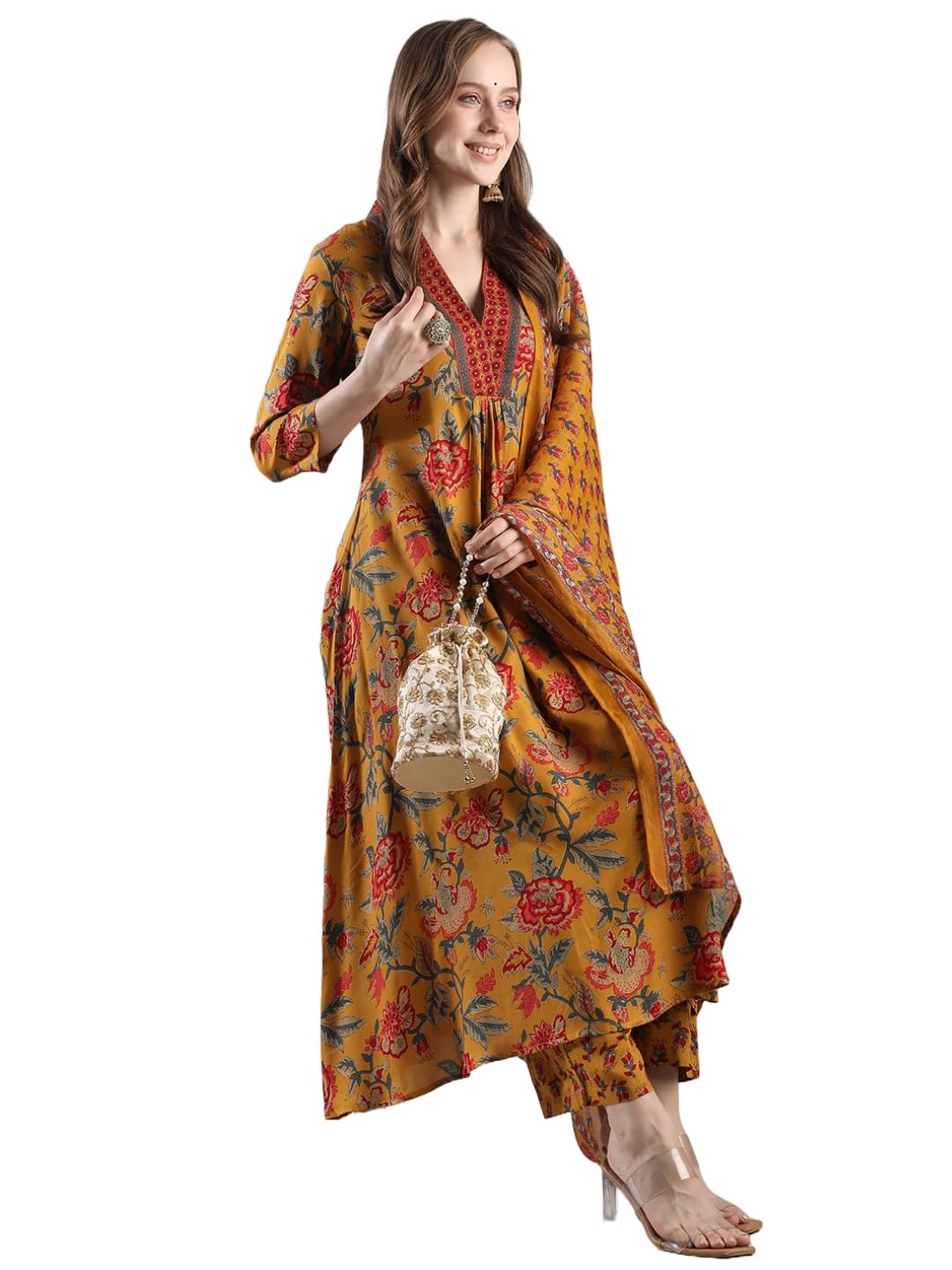 Gosriki WomenS Rayon Blend Anarkali Printed Kurta With Palazzo & Dupatta (Cia Yellow-Vks05-Gs_5Xl_Yellow_Xxxxx-Large)