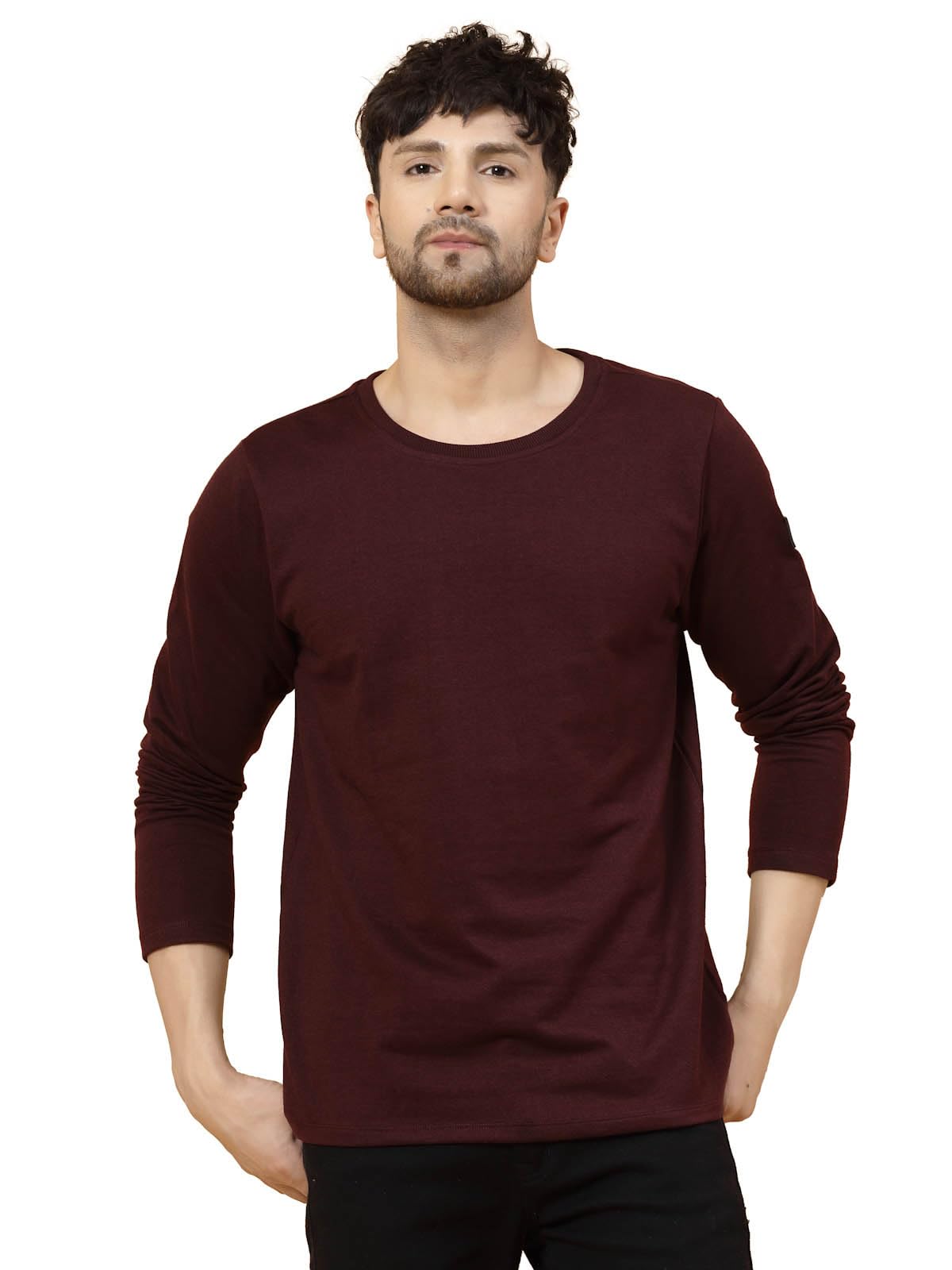 Rigo Full Sleeves Terry Oversized T-Shirts for Men | Round Neck T-Shirt for Men | Casual T-Shirts for Men Wine