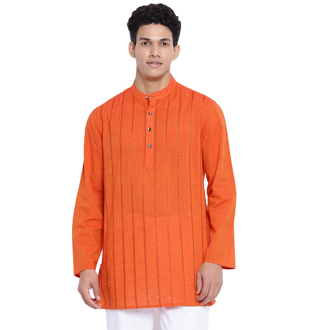 Fabindia Men Cotton Embroidered Short Kurta Orange_Xs