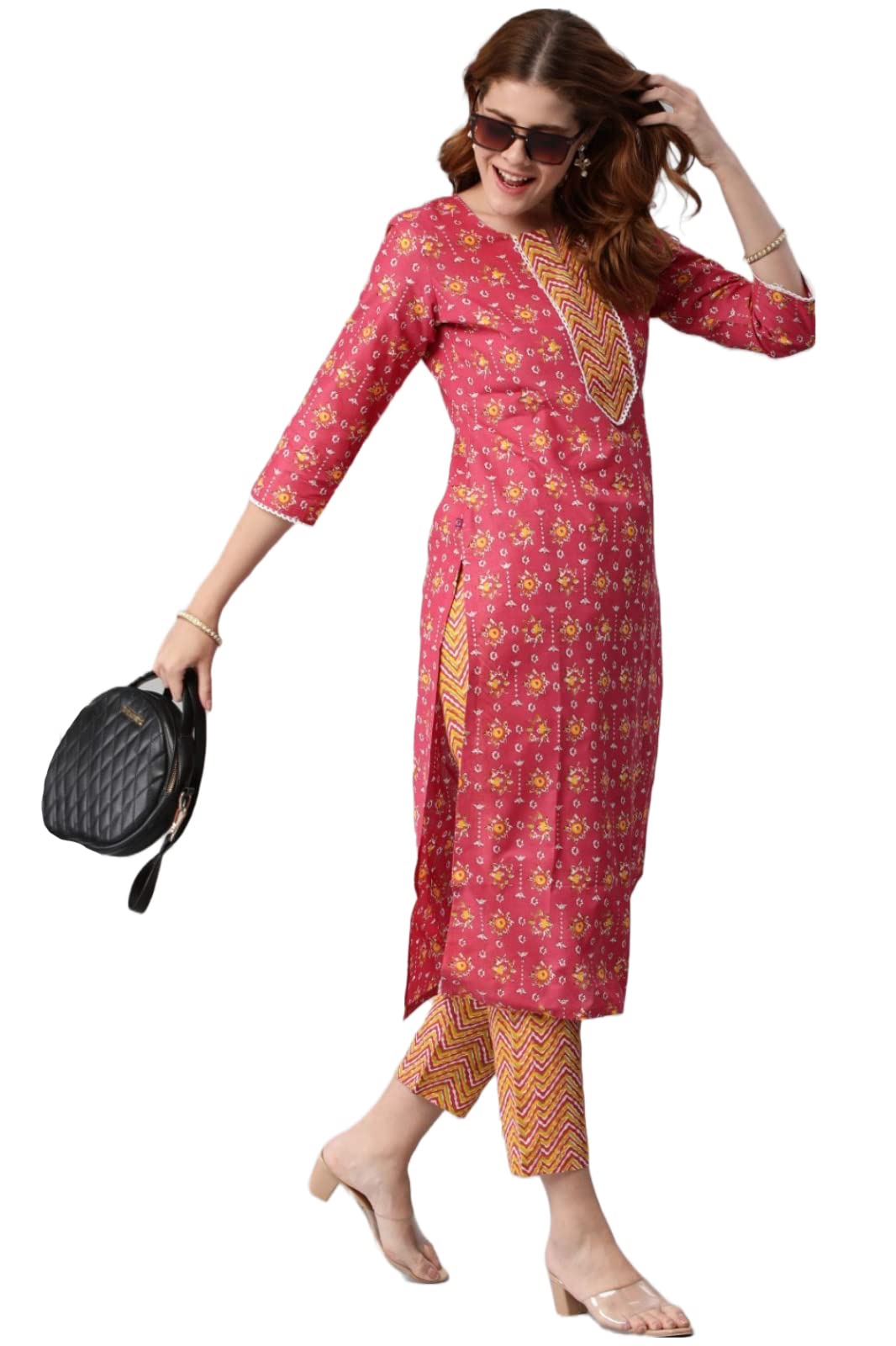 ANNI DESIGNER Womens Cotton Blend Traditional Straight Printed Kurta With Pant Set (Mikaa -Nw-An)
