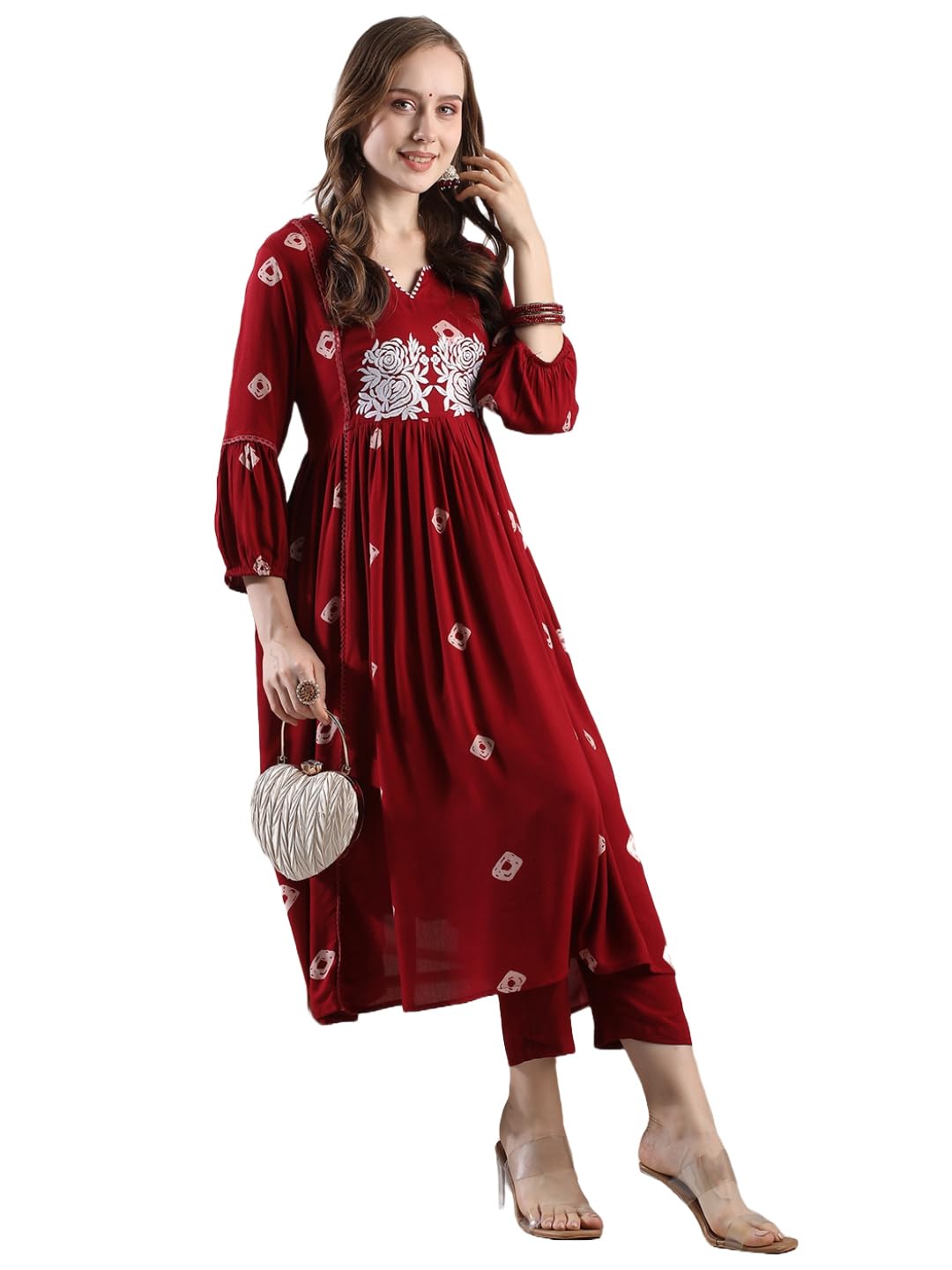 ANNI DESIGNER Women s Anarkali Printed Rayon Blend Kurta with Pants, Burgundy, 44