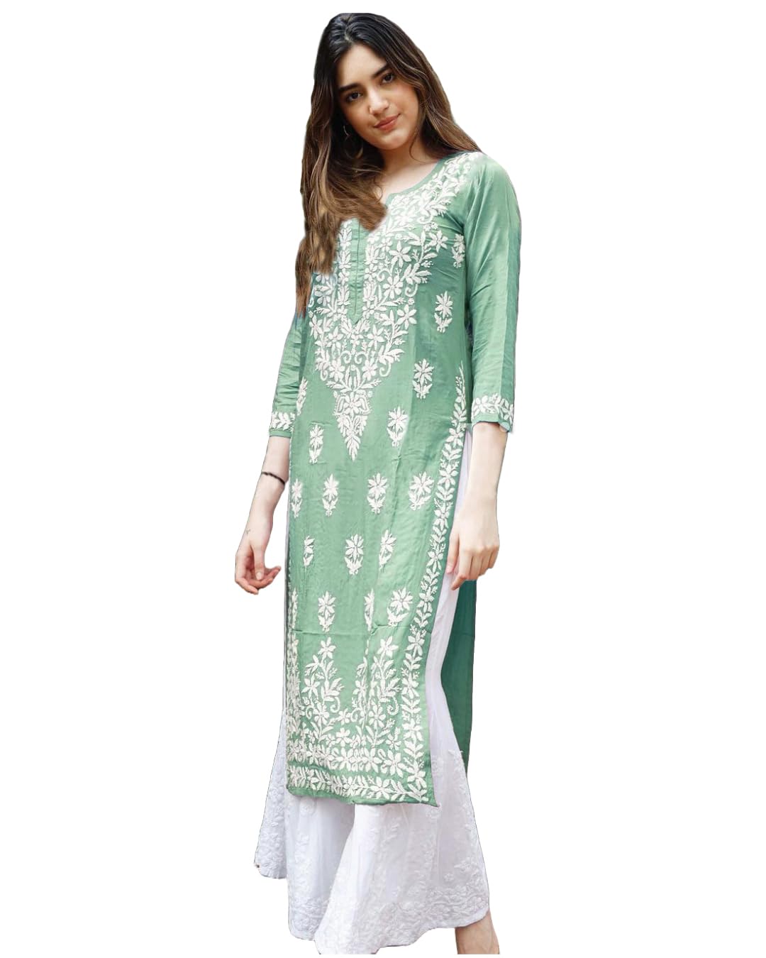 Gosriki WomenS Rayon Blend Straight Chikankari Embroidered Kurta (Victoria Green-Gs_L_White_Large)