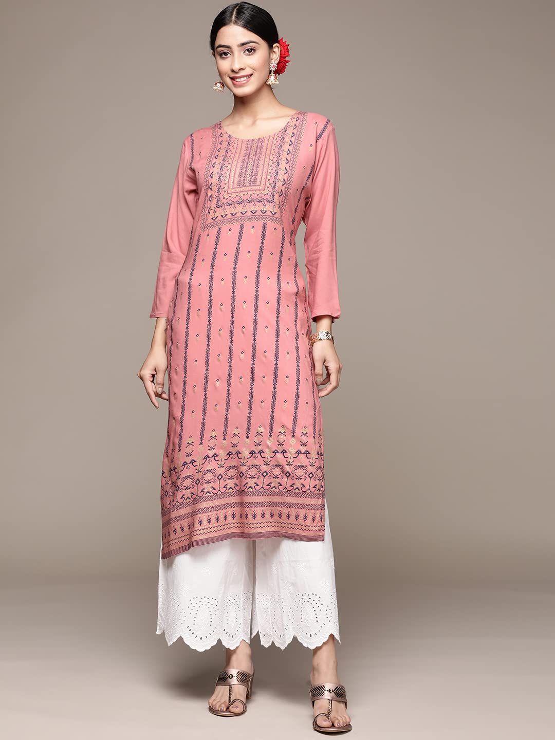 anubhutee Women's Viscose Rayon Peach Foil Print Ethnic Motifs Printed Straight Kurta