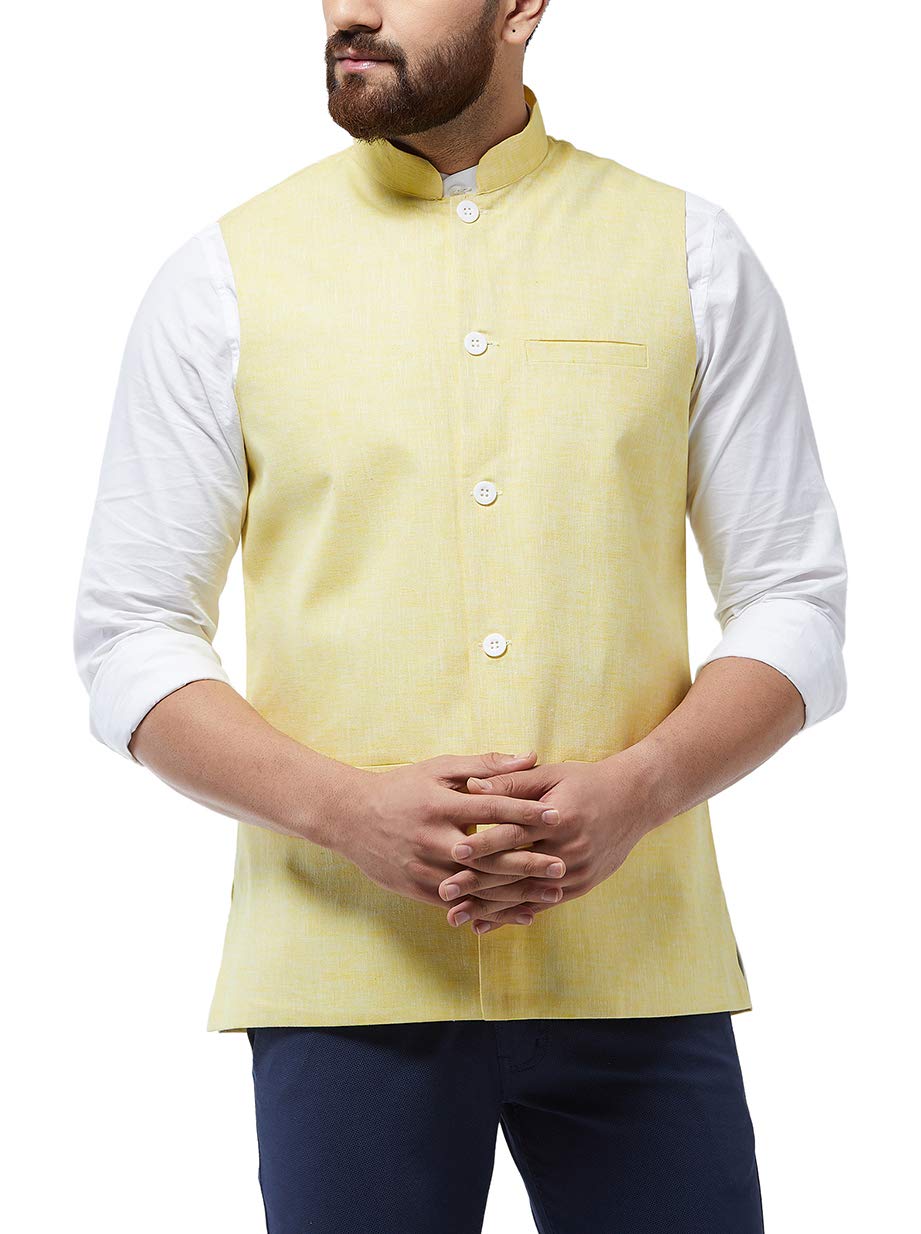 SOJANYA (Since 1958 Men's Cotton Linen Blend Lemon Yellow Nehru Jacket, Size: 38