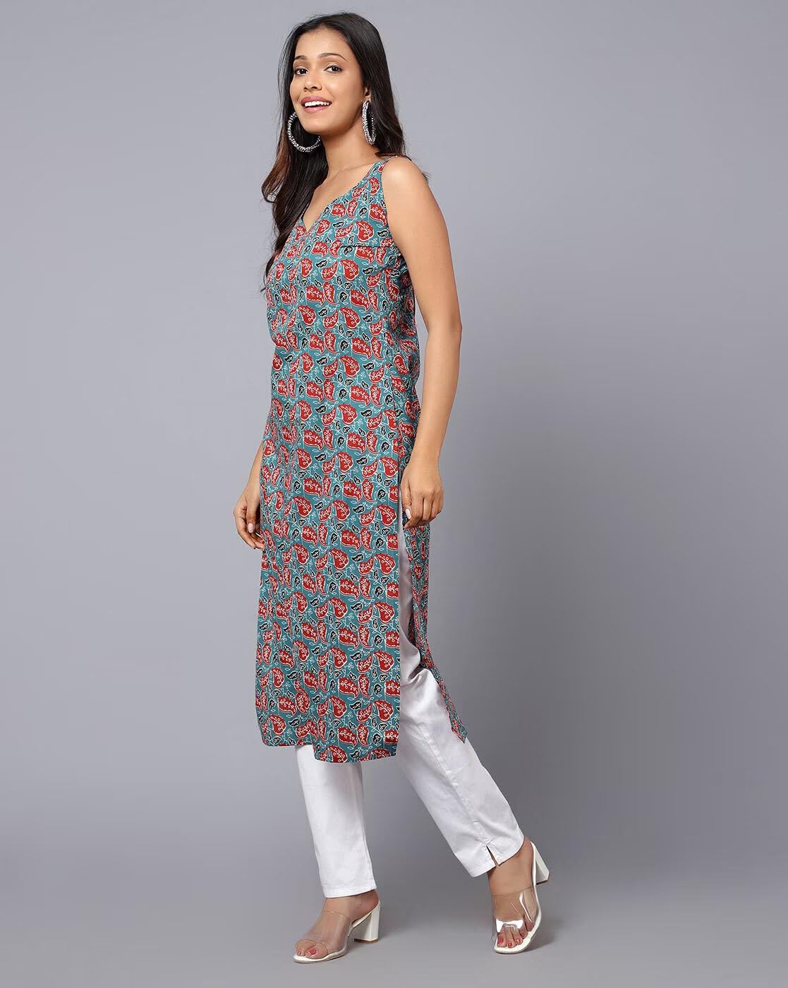 PATLANI Womens Cotton BLENED Sleeveless Printed Full Stitched Kurti.(k-199) Grey