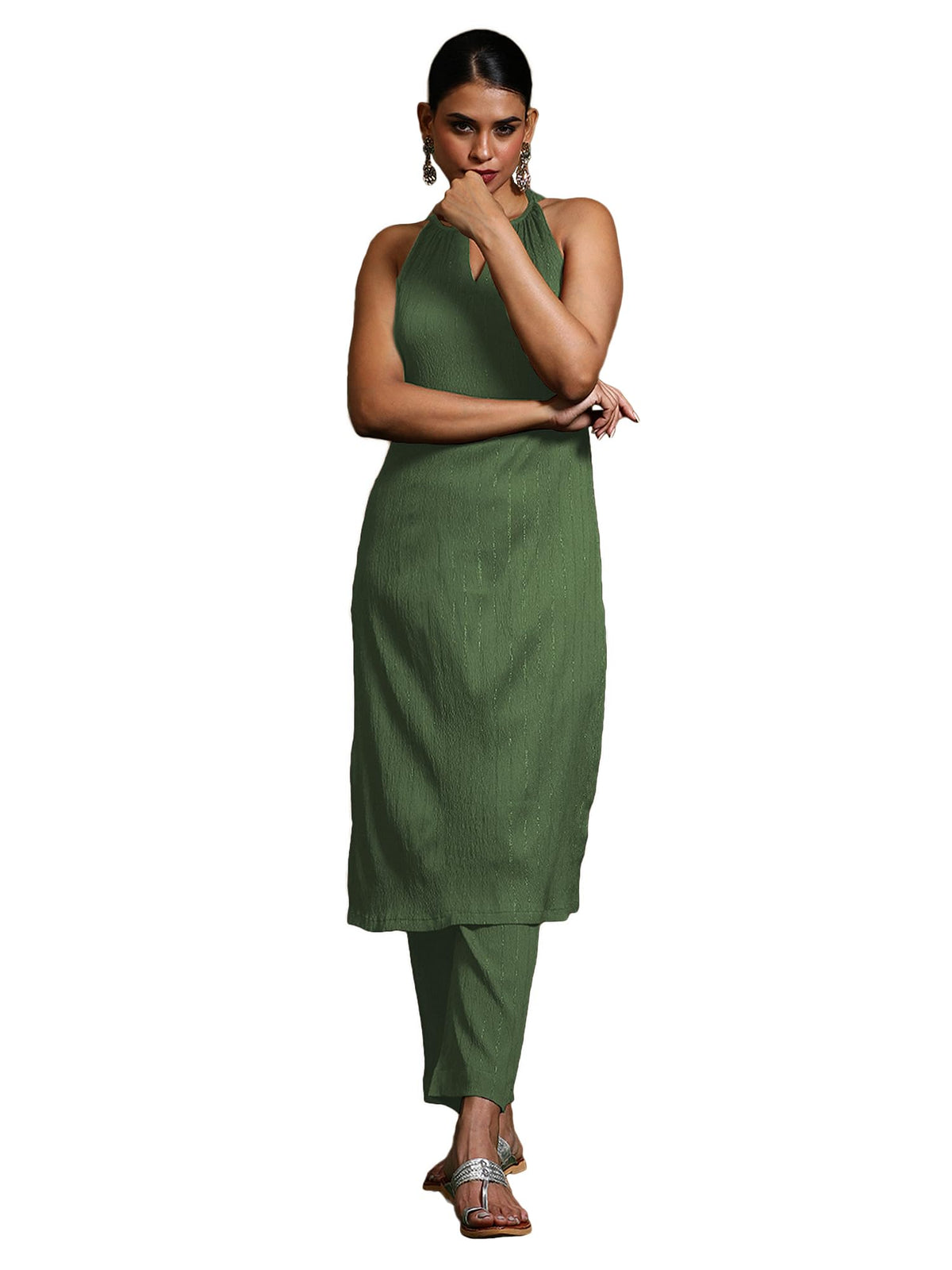 Varanga Green Solid Halter Neck Kurta Set