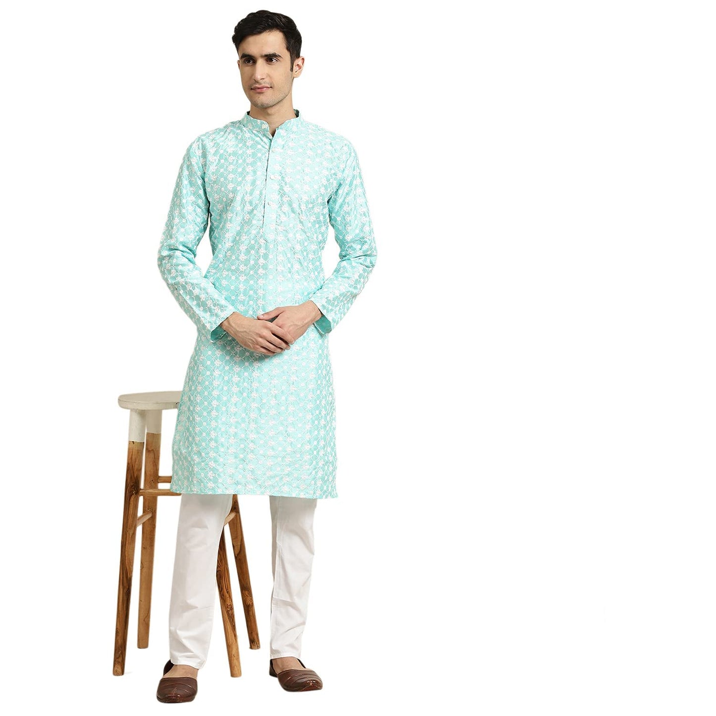 SOJANYA (Since 1958 Men's Silk Blend Blue Embroidered Kurta & White Churidar Pyjama Set Size 36