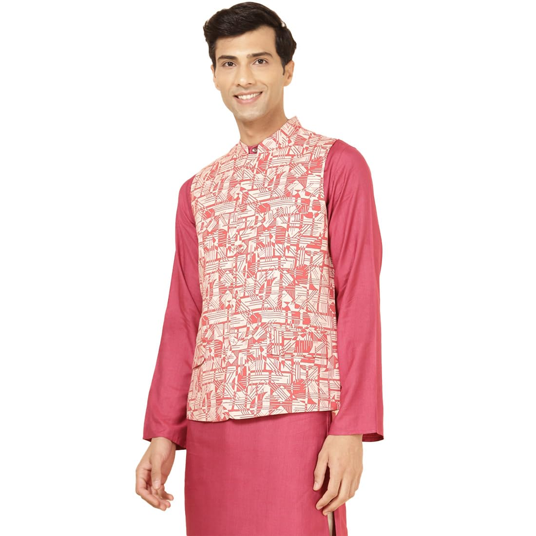 Fabindia Red Cotton Printed Slim Fit Jacket Nehru