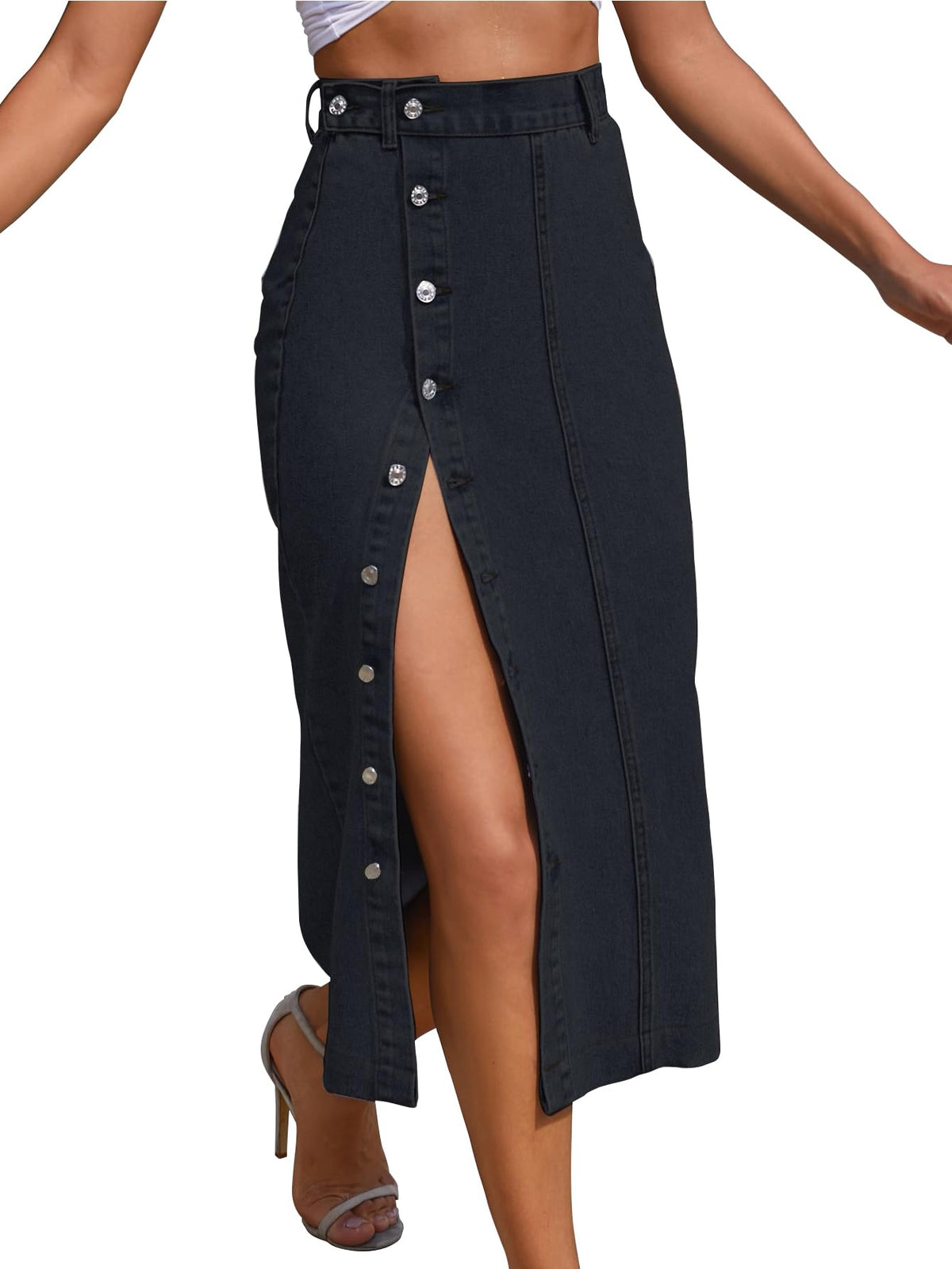 Shasmi Girls & Womens Blue Front Button-Up Slit Longline Single Breasted Long Casual Denim Skirt Suitable for Daily WearSkirt