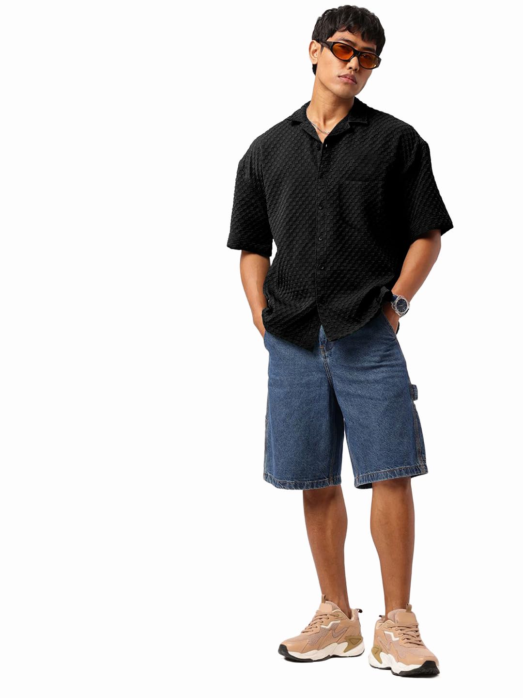 Tee Projekt Mens Regular Fit Popcorn Shirt Half Sleeve Spraed Collar Shirt Black