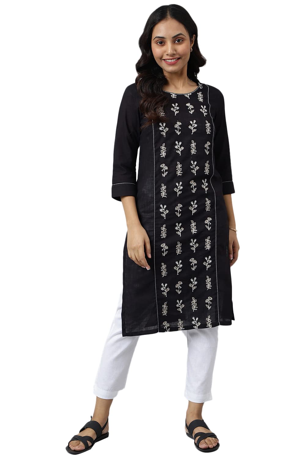 Aurelia Women's Cotton Black Solid Round Neck Straight Kurta_22AUA13344-604577_XS