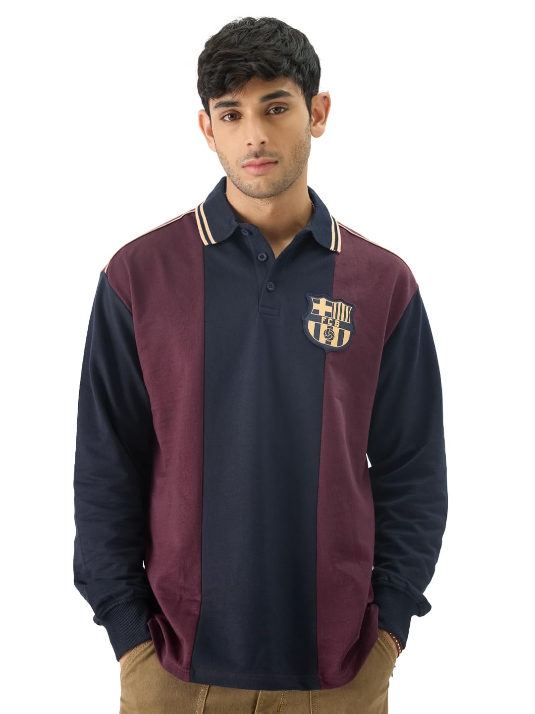 The Souled Store Official FCB Love of Football Men and Boys Multicolor Collared Neck Long Sleeve Graphic Printed Cotton Oversize