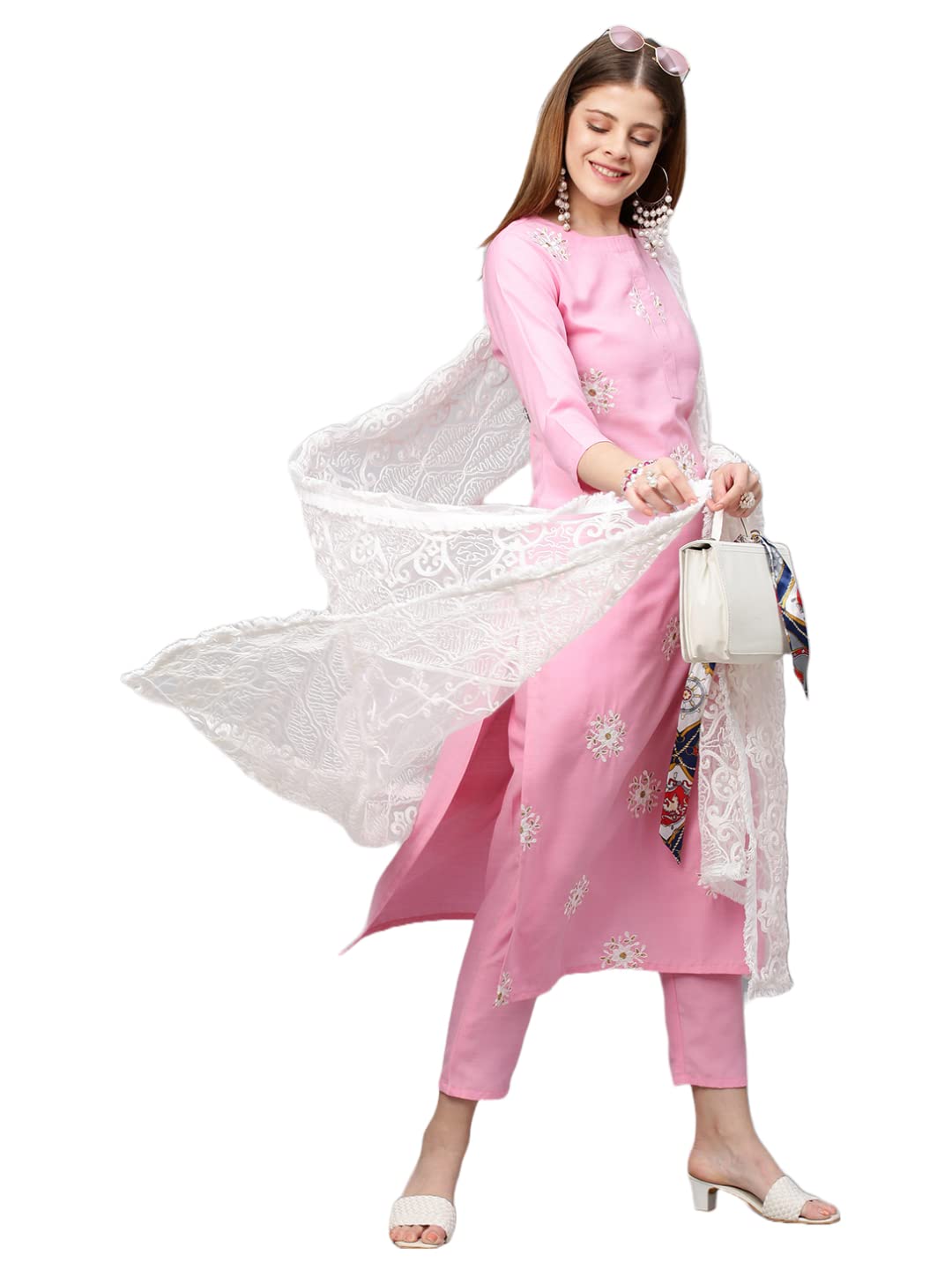 ANNI DESIGNER Womens Ruby Cotton Straight Embroidery Kurti with Pant & Dupatta Set (WHITE-SHOW-Light Pink-Nw_M_Light Pink_Mediu