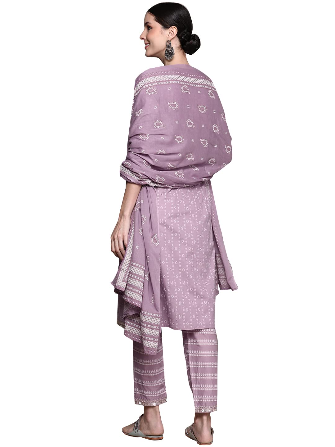 ishin Women's Purple Embroidered A-Line Kurta set With Trouser and Dupatta