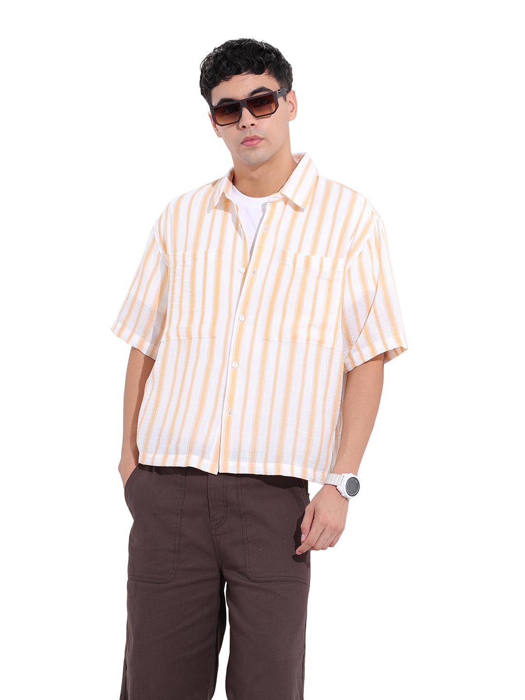 The Indian Garage Co Mens Boxy Fit Vertical Striped Cutaway Collar Half Sleeves Resort Shirt