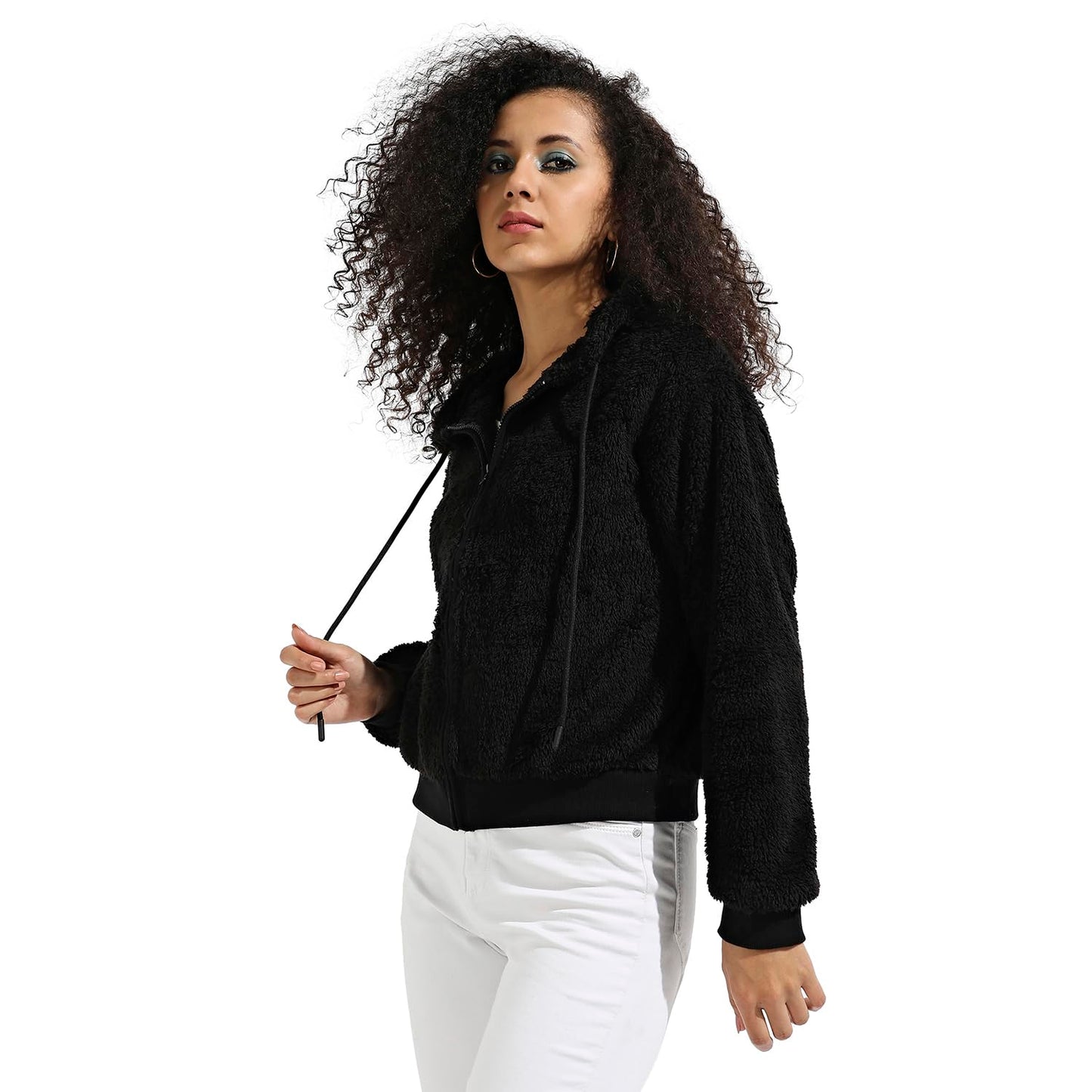 Campus Sutra Womens Black Fleece Hoodie with Zip-Closure for Casual Wear | Hooded Neck | Long Sleeve | Zipper Closure | Cotton