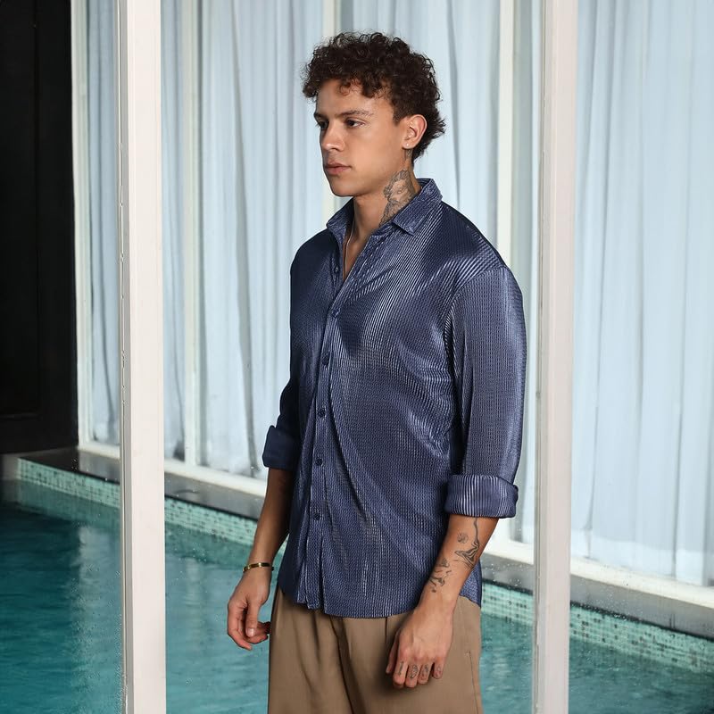 Campus Sutra Mens Navy Blue Textured-Pleat Shirt | Casual Wear | Spread Collar | Long Sleeve | Button Closure | Shirt Crafted w