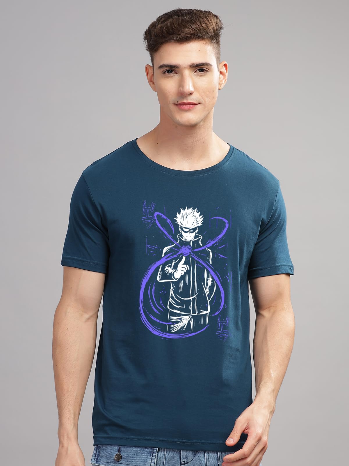 ADRO Mens Anime T Shirt - Premium Cotton Anime Gojo Tshirt - Perfect for Anime Fans Print and Comfortable Fit Teal T-Shirt|RN24-