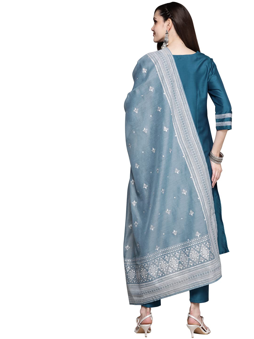 ZIYAA Women's Teal Chinon A-Line Kurta, Pant And Dupatta Set(ZISKDCH3863)