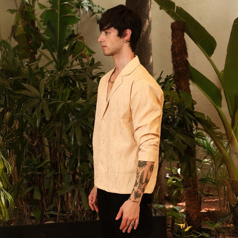 Campus Sutra Mens Buff Beige Wrinked Korean Oversized Shirt for Casual Wear | Lapel Collar | Long Sleeve | Button Closure | Ove
