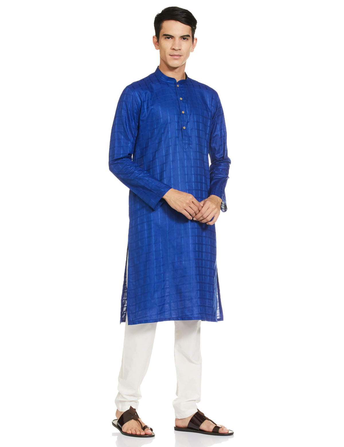 Manyavar Blue Cotton Self Design Casual Kurta Set For Men