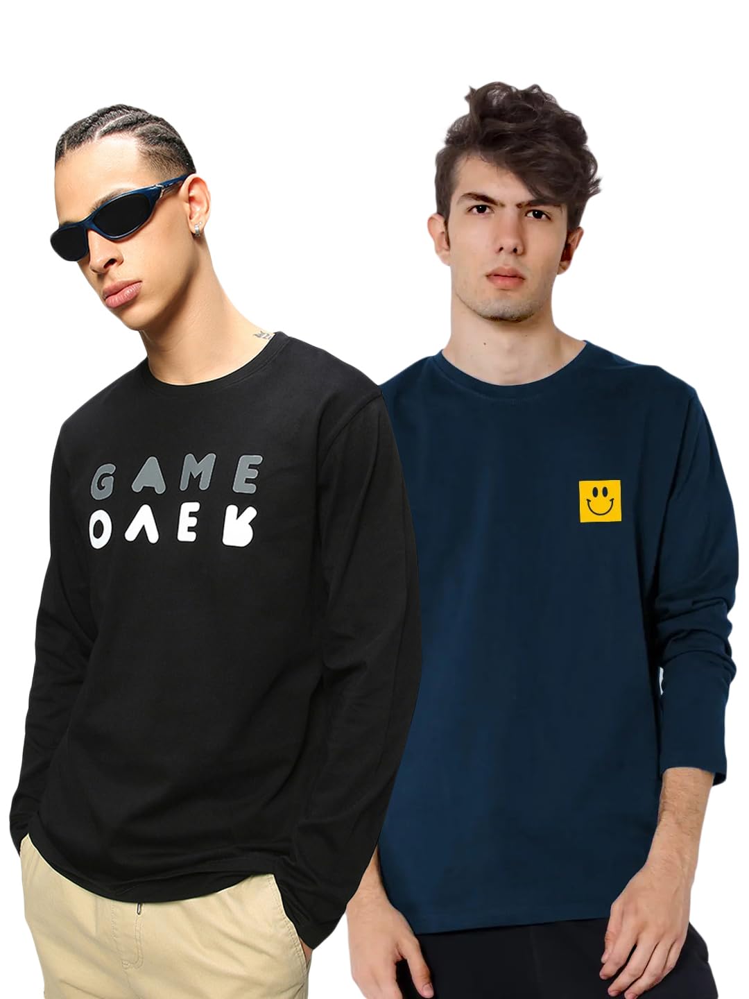 Bewakoof Mens Gave Over and Smile Printed 100% Cotton T-Shirts (Pack of 2) - Regular Fit, Round Neck, Full Sleeves_601701_Black
