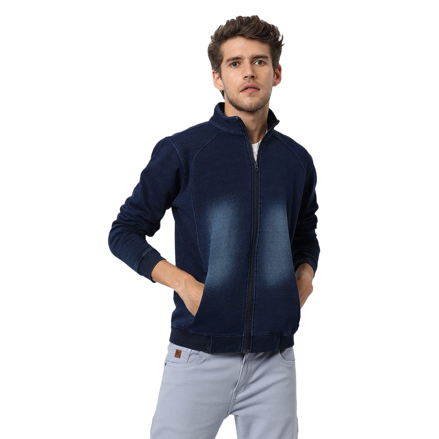 Campus Sutra Mens Dark-Washed Blue Regular Fit Denim Jacket For Winter Wear | Standing Neck | Full Sleeve | Zipper | Casual Den