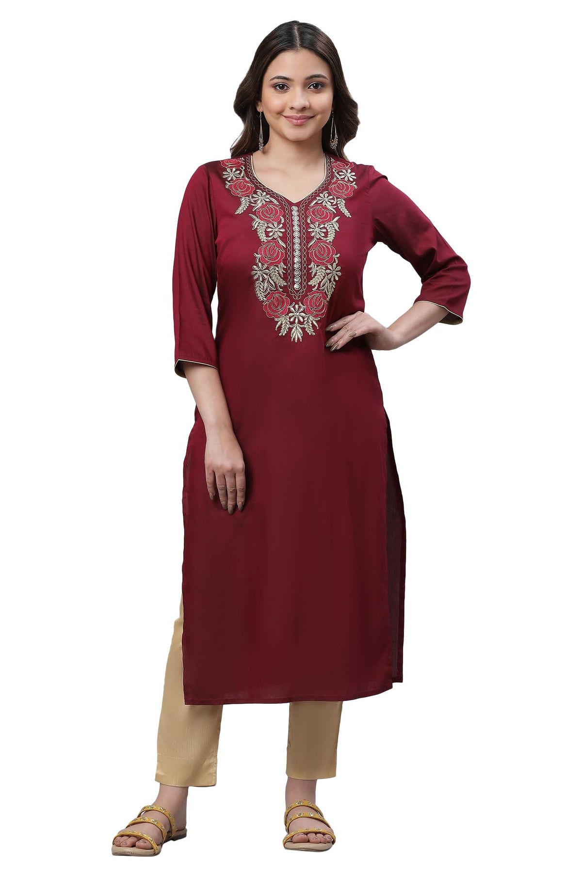 Aurelia Women Wine Solid Solid Viscose Poly Straight Kurta_23Aua14761-704675