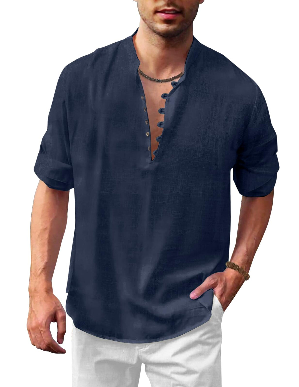 Royalscout MenS Solid Cotton Blend Straight Kurta Shirt | Regular Fit Full Sleeve Short Kurta Navy
