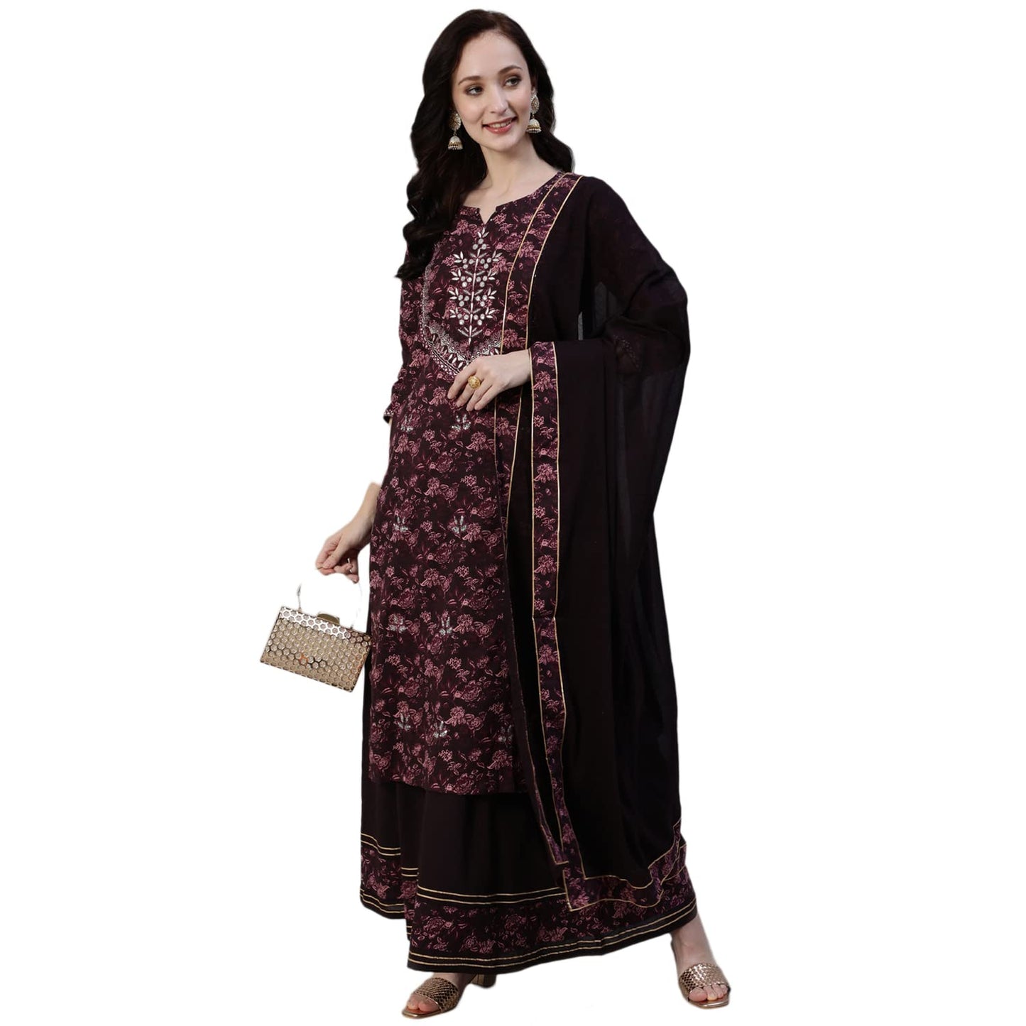 ishin Cotton Silk Women's Embellished A-Line Kurta Set With Sharara And Dupatta