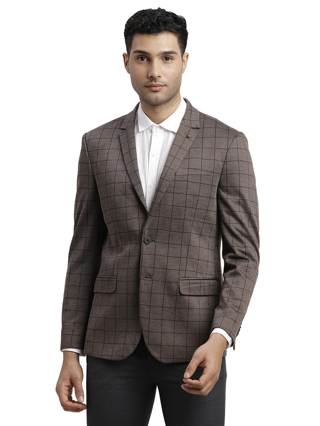 Turtle Men Terry Rayon Checkered Tailored Fit Brown Casual Blazer