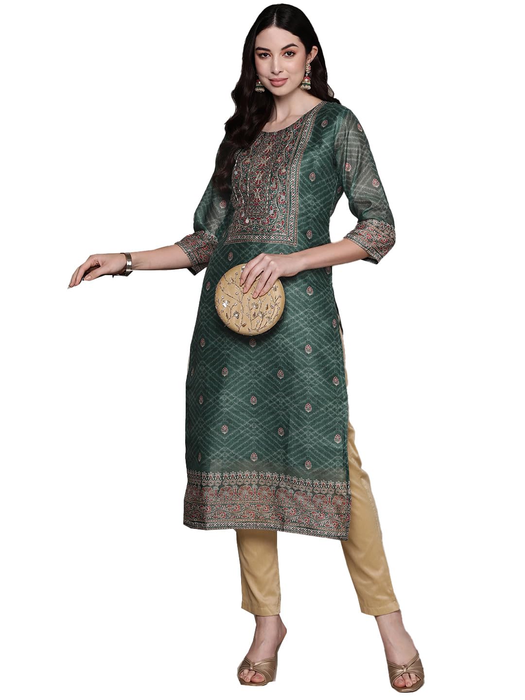 Ishin WomenS Silk Ethnic Motifs Green Straight Kurta