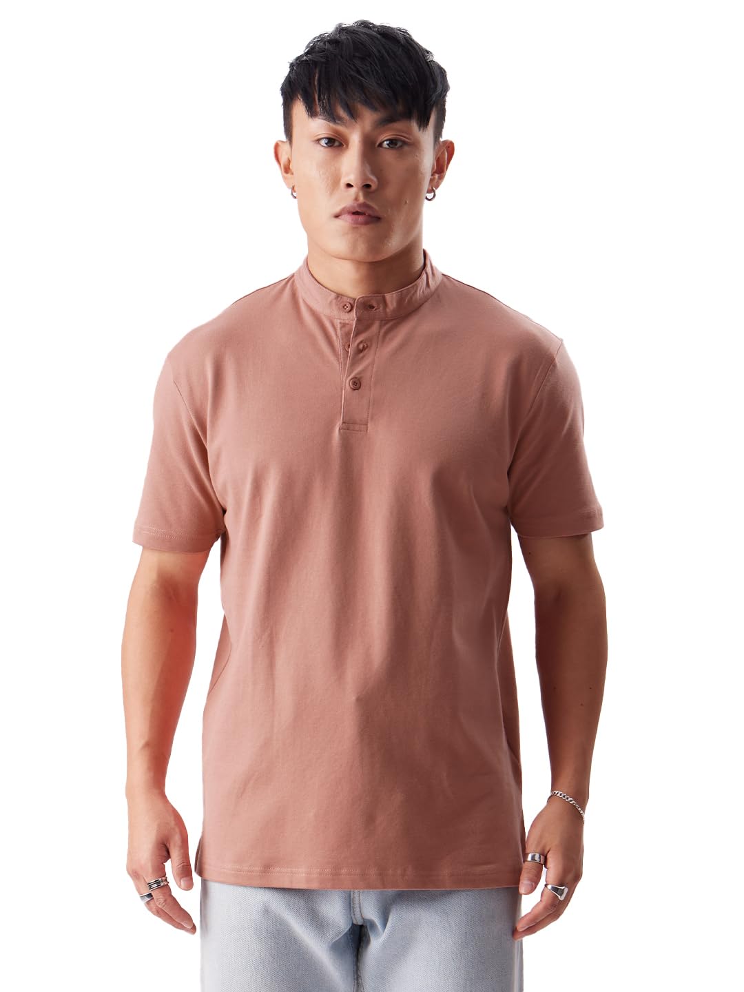 The Souled Store Solids: Desert Rose Mens & Boys Regular Fit Solid Half Sleeve Cotton Pink Mandarin Polos Mens Polos Graphic te