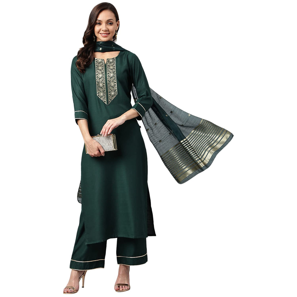 GoSriKi Womens Cotton Blend Straight Solid Kurta with Palazzo & Dupatta (Vtm-GO)