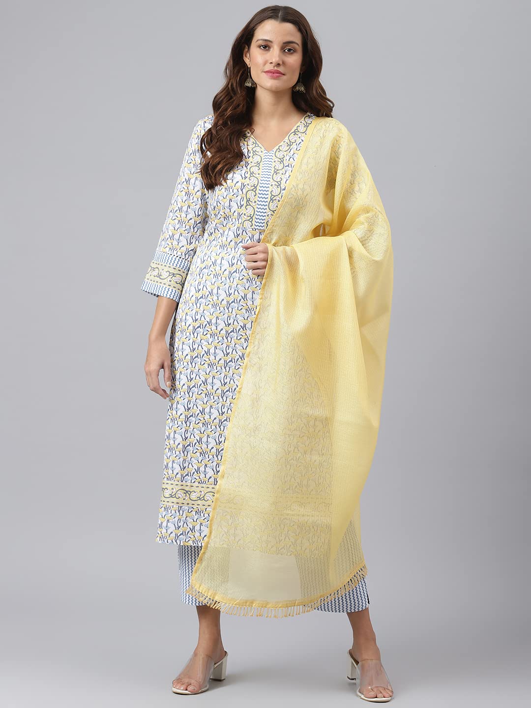 GoSriKi Women's Cotton Blend Straight Printed Kurta with Pant & Dupatta (Mulhar STY-GO)