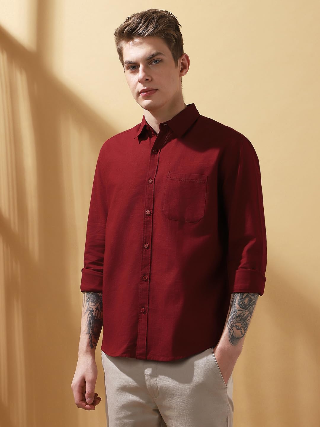 Dennis Lingo Men Regular Fit Maroon Full Sleeves Cotton Casual Shirt