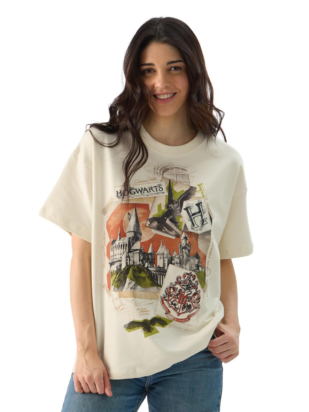The Souled Store Official Harry Potter: Hogwarts Women and Girls Short Sleeve Round Neck Off White Graphic Printed Cotton Oversi