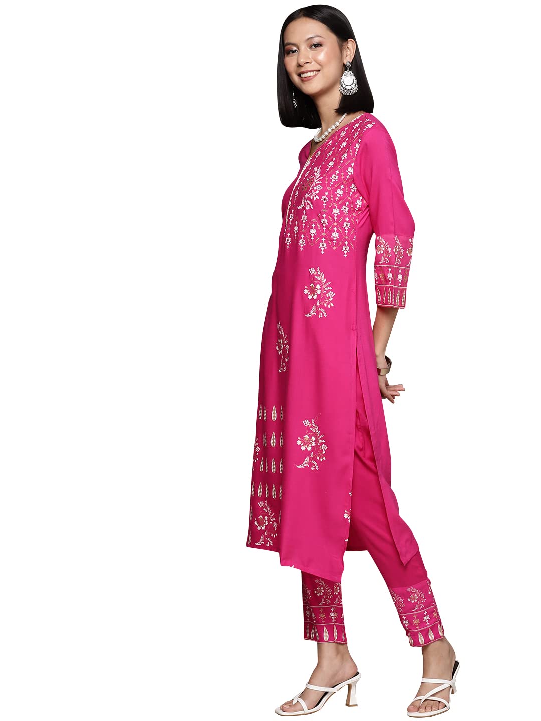 ZIYAA Women's Pink Rayon Straight Kurta And Pant Set(ZIKURY3918ANDPA)
