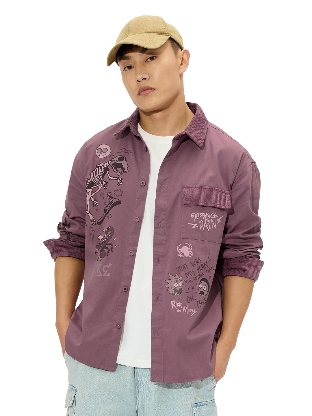 The Souled Store Rick & Morty: Cosmic Adventure Men and Boys Long Sleeves Collared Neck Button Front Purple Graphic Printed Cott