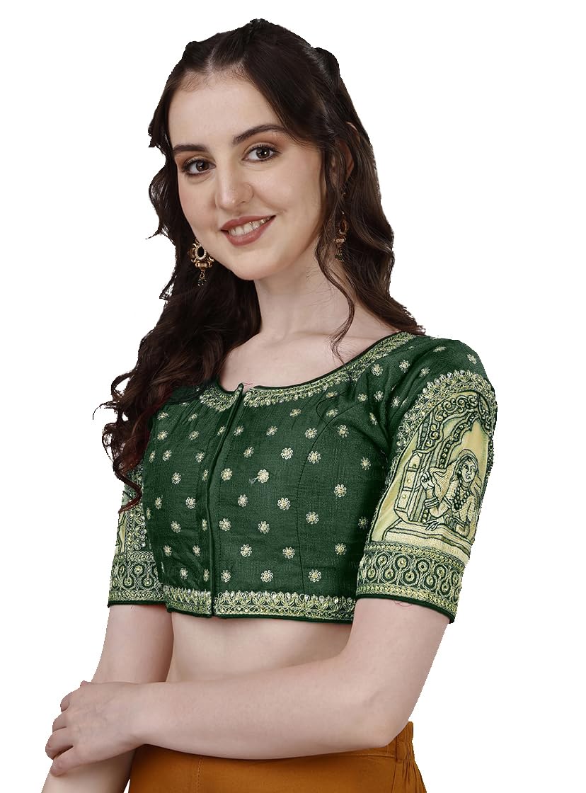 Pujia Mills Womens Heavy Embroidery Coding with Sequins and Diamond Work Half Sleeves Fancy Cutwork Readymade Saree Blouse.(Pal