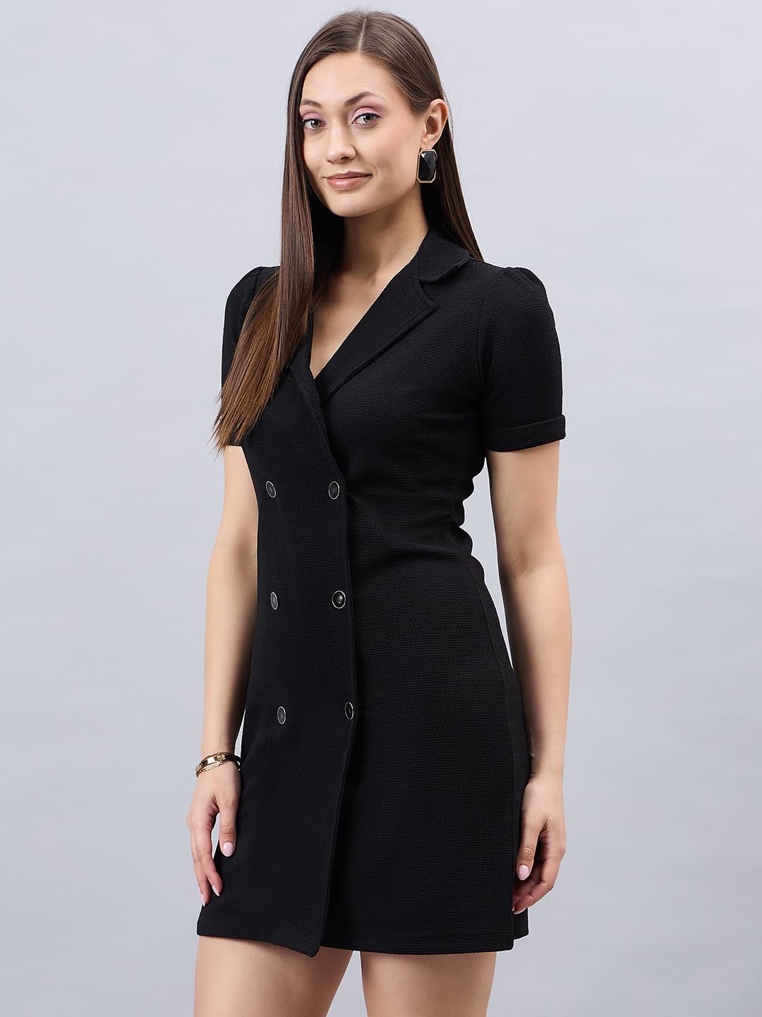 Style Quotient Women Solid Black Texture Polyester Regular Fit Semi Formal Blazer Dress