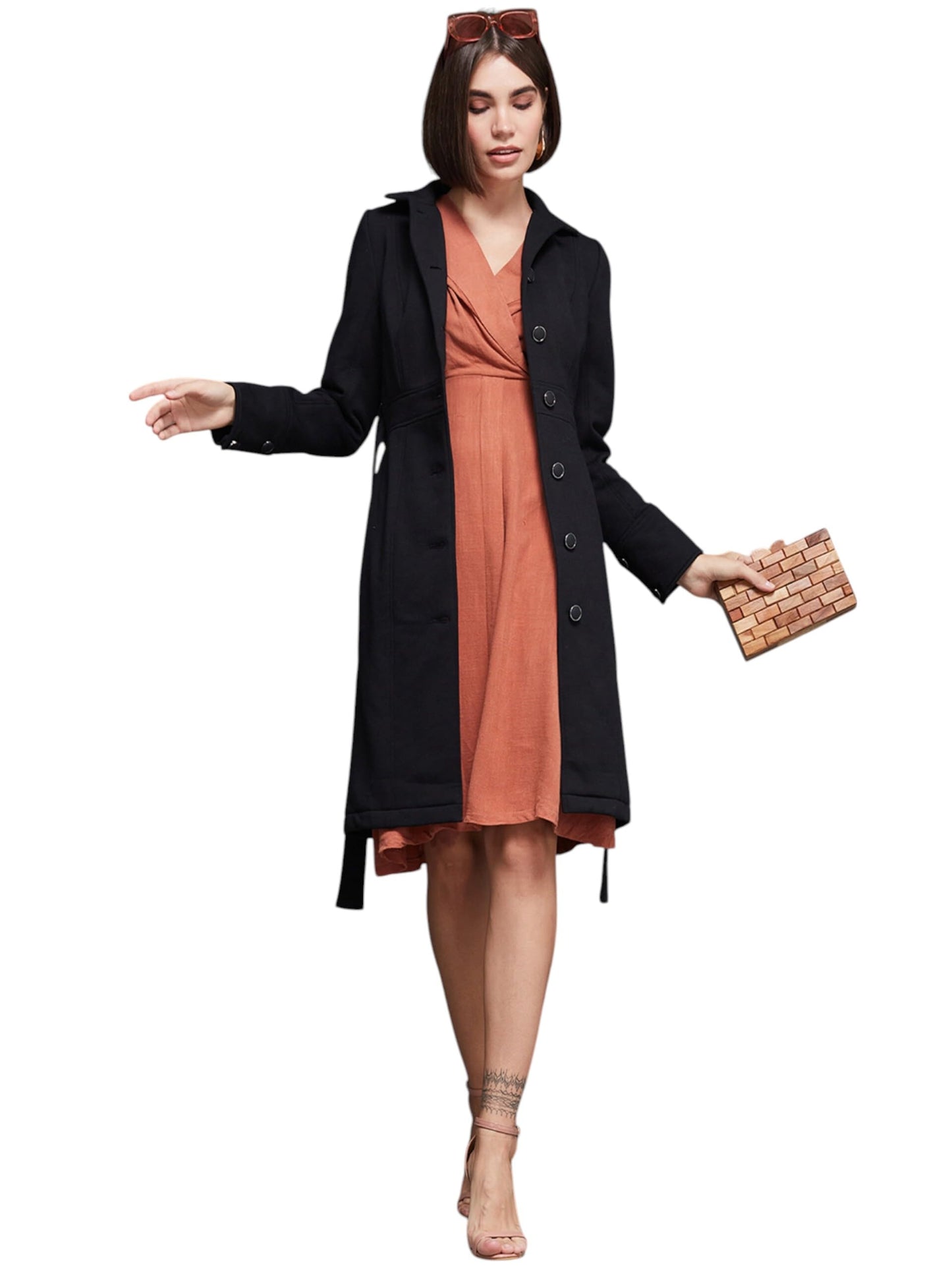 Miss Chase Womens Collared Full Sleeve Tie-up Longline Jacket (MCAW24JKT99-37-62-06, Black, XL)