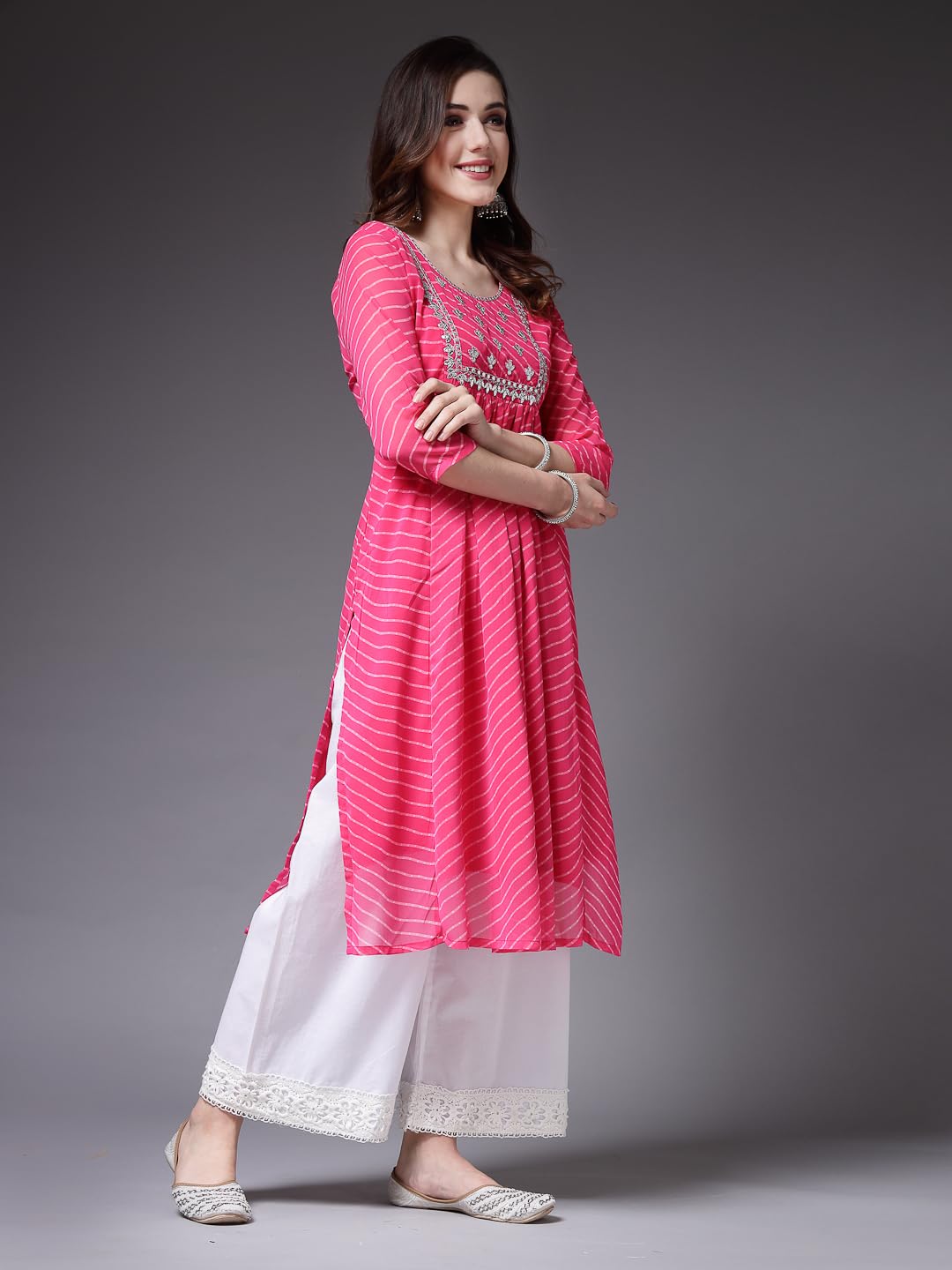 Stylum Women's Lehariya Printed & Embroidered Georgette Naira Cut Kurta (TOWNPINK_Pink)