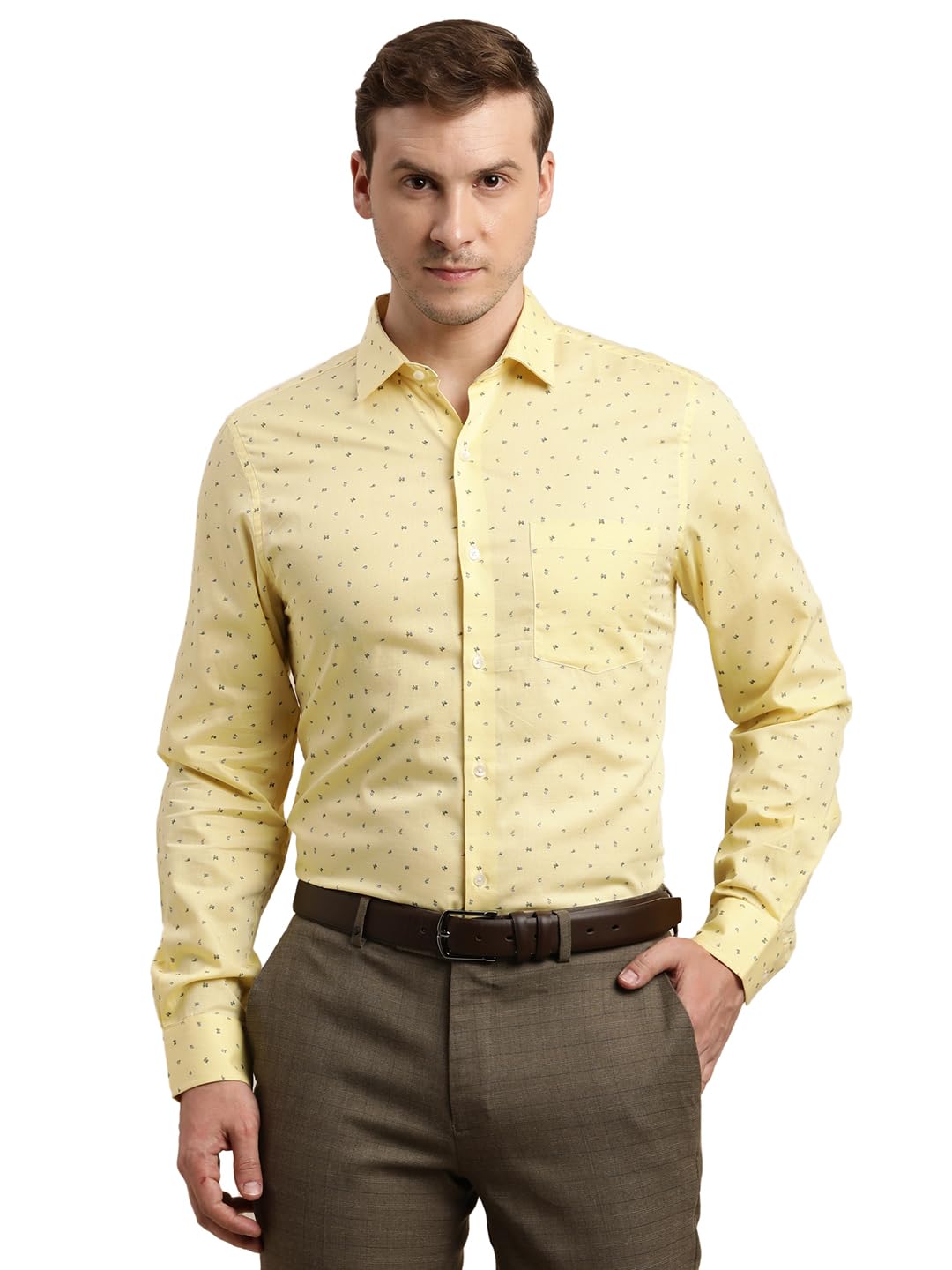 Turtle Men 100% Cotton Slim Fit Light Yellow Printed Formal Shirt