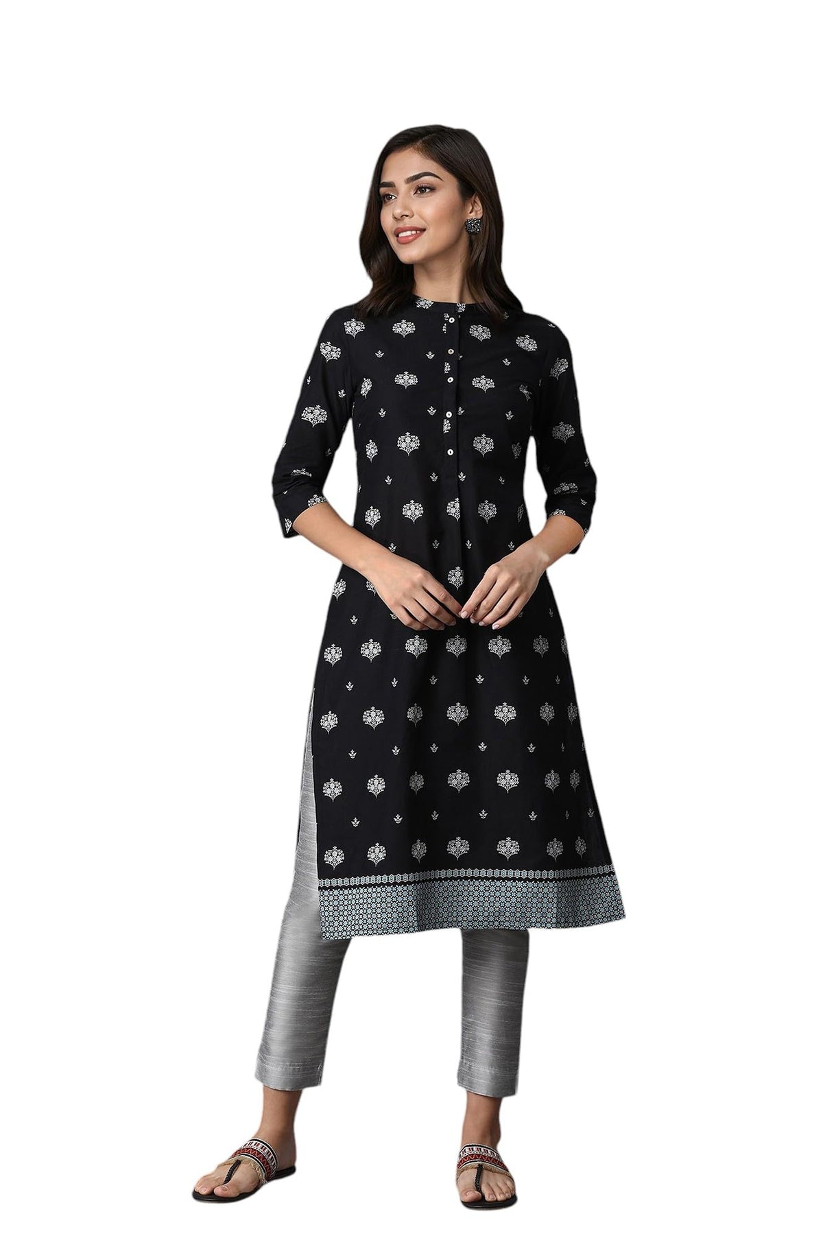 W Black Cotton Floral Printed Regular Kurta For Women