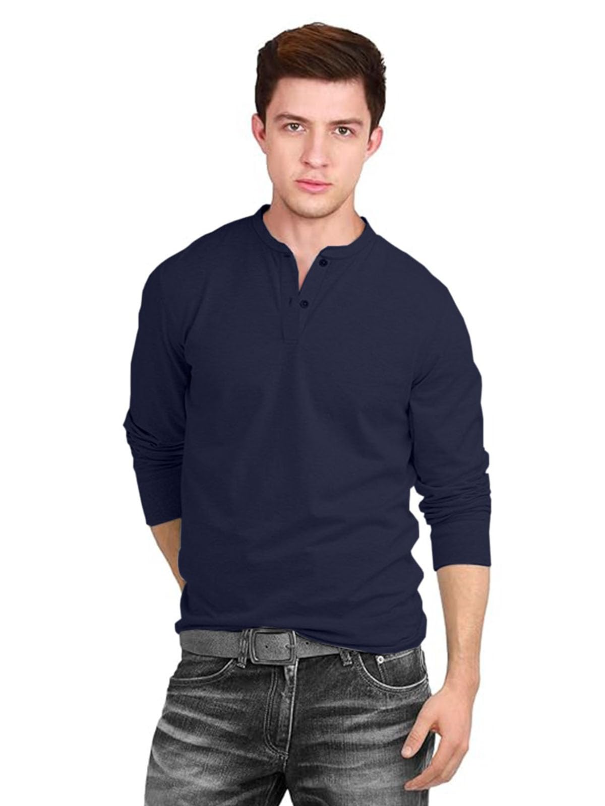Veirdo Mens Cotton Regular Fit Henley Neck Plain Solid Full Sleeve T-Shirt