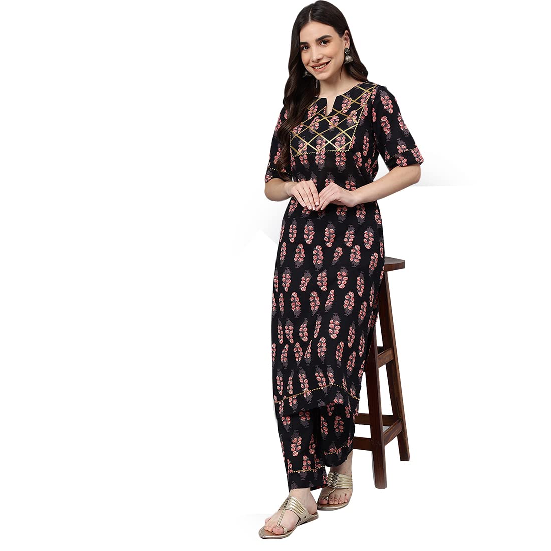 idaLia Black Printed Cotton Kurta Set