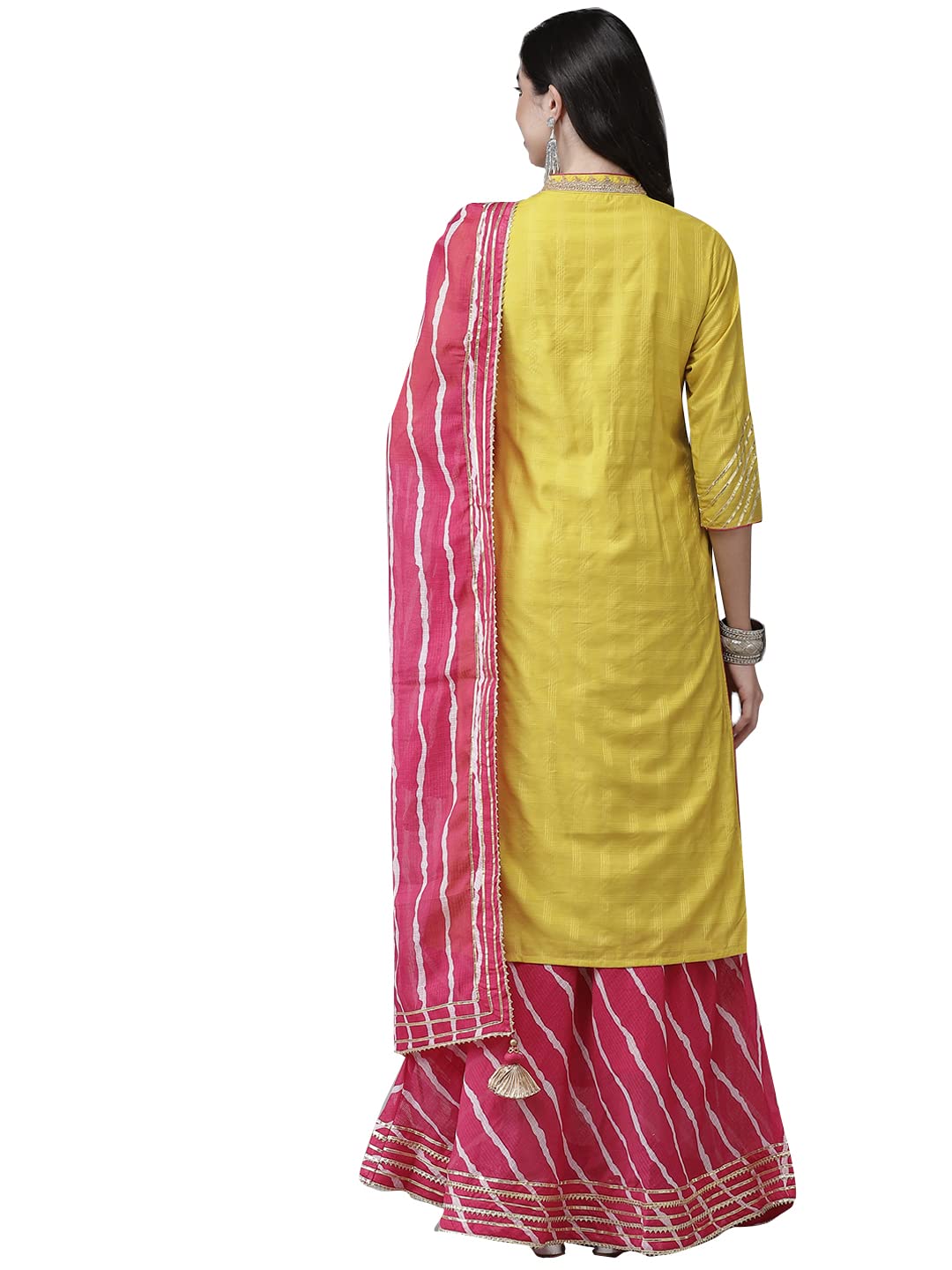 ishin Women's Cotton Blend Embroidered Gotta Patti Yellow Leheriya Print A-Line Kurta suit set With Dupatta & Skirt