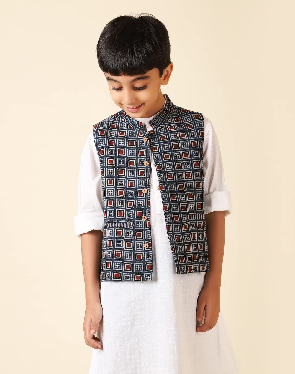 Fabindia Boy's Blue Cotton Printed Jacket (100035501