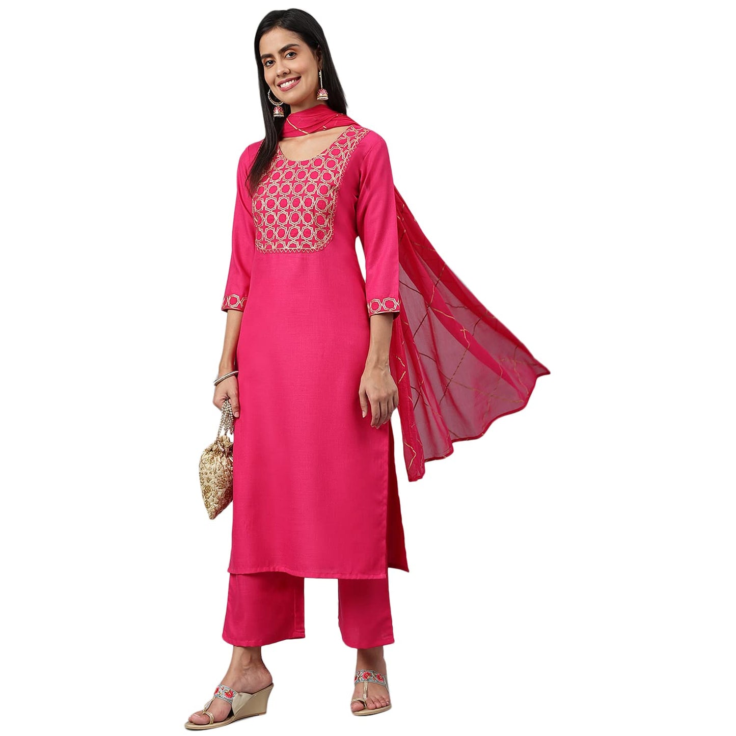 ANNI DESIGNER Women's Cotton Blend Printed Straight Kurta with Pant & Dupatta (Khunti)